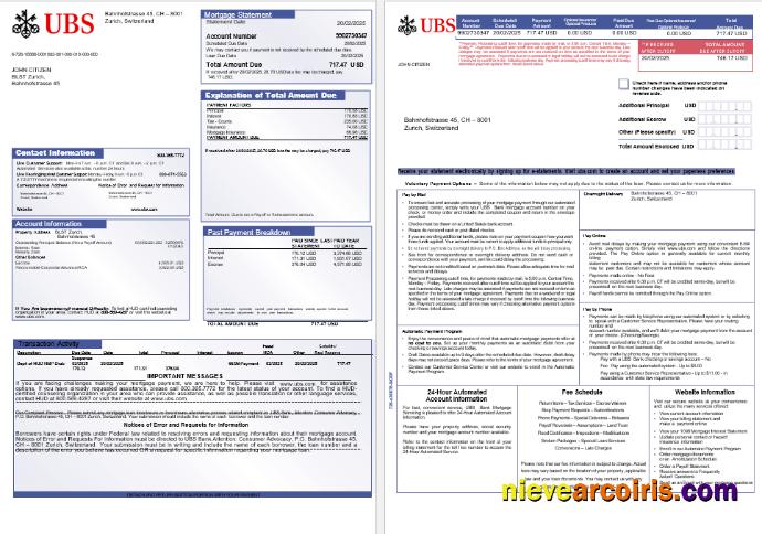 Swiss UBS bank mortgage statement, 3 pages 1-2